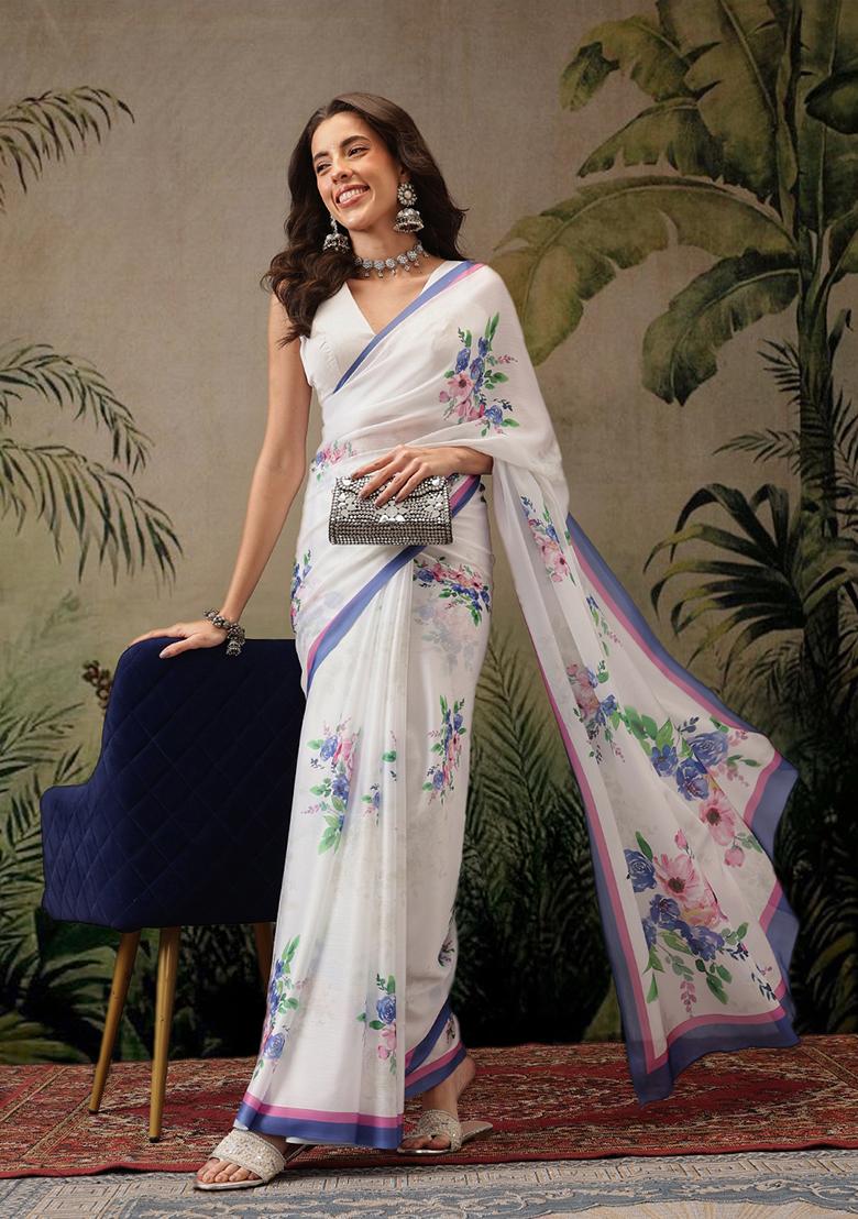 White Printed Satin Saree