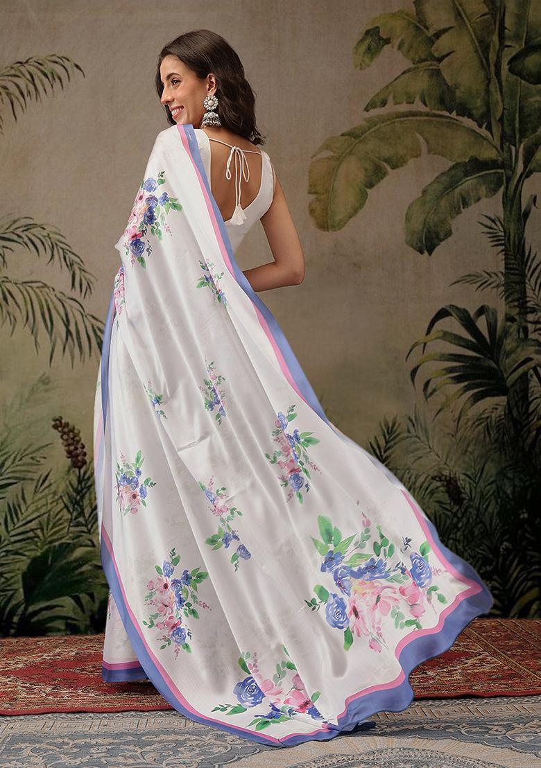 White Printed Satin Saree