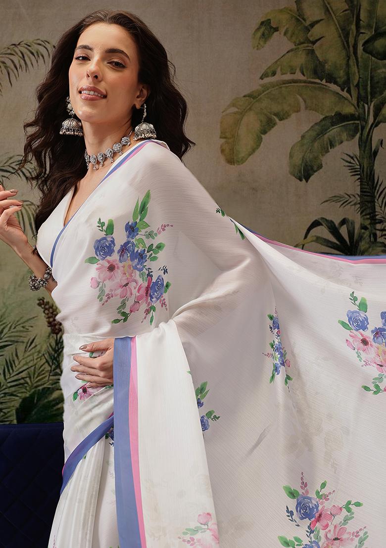 White Printed Satin Saree
