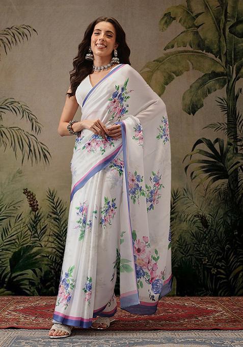 White Printed Satin Saree