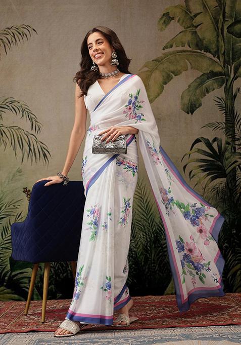 White Printed Satin Saree