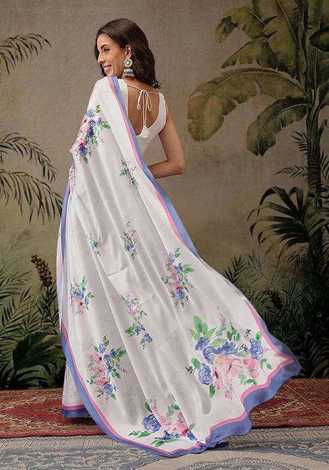 White Printed Satin Saree