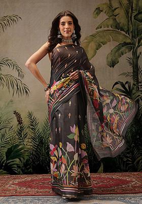 Black Printed Cotton Saree