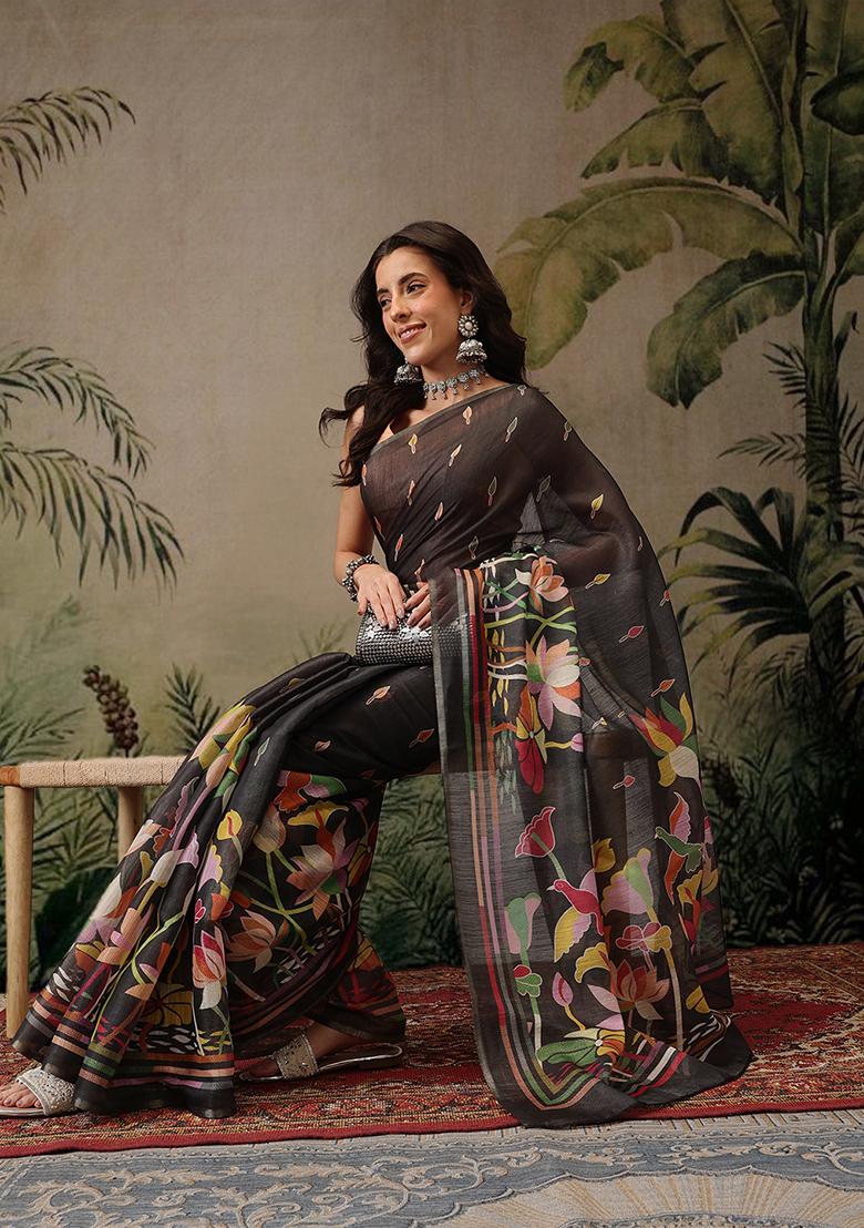 Black Printed Cotton Saree