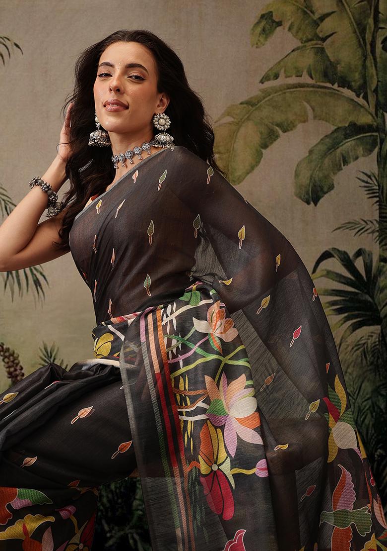 Black Printed Cotton Saree