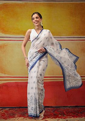 White Printed Cotton Saree