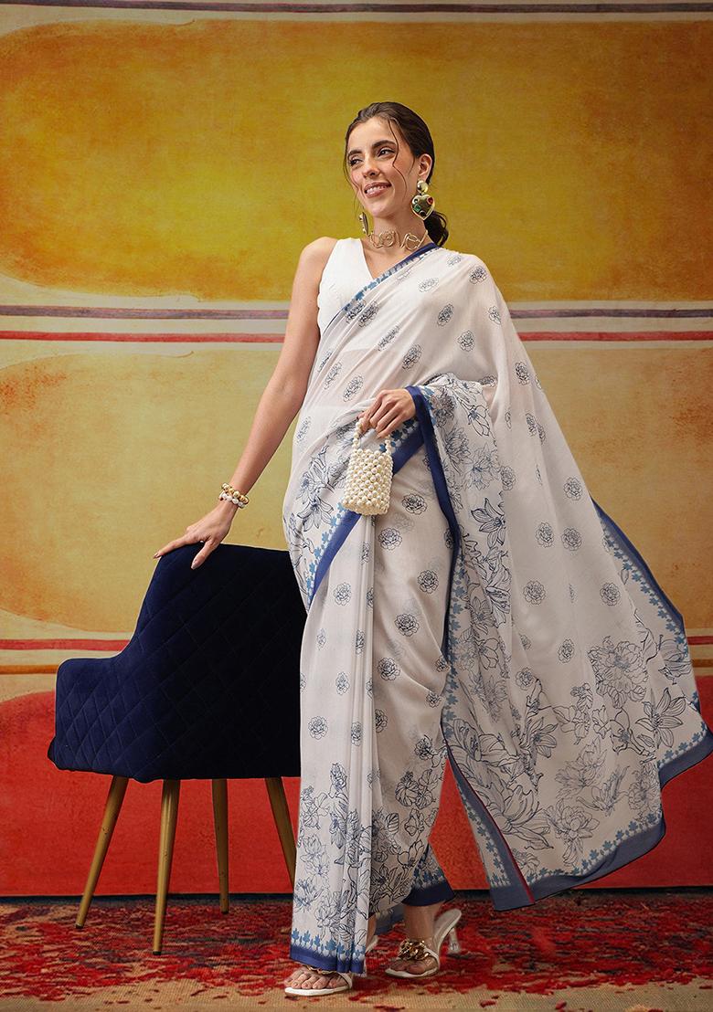 White Printed Cotton Saree