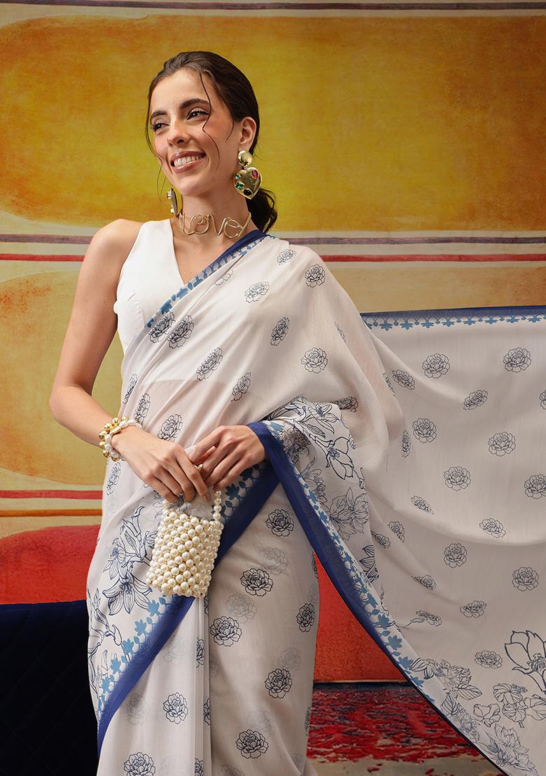 White Printed Cotton Saree