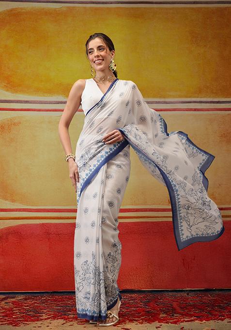 White Printed Cotton Saree