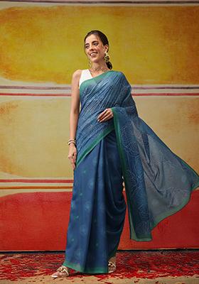 Teal Printed Cotton Saree