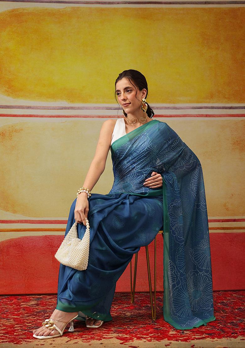Teal Printed Cotton Saree