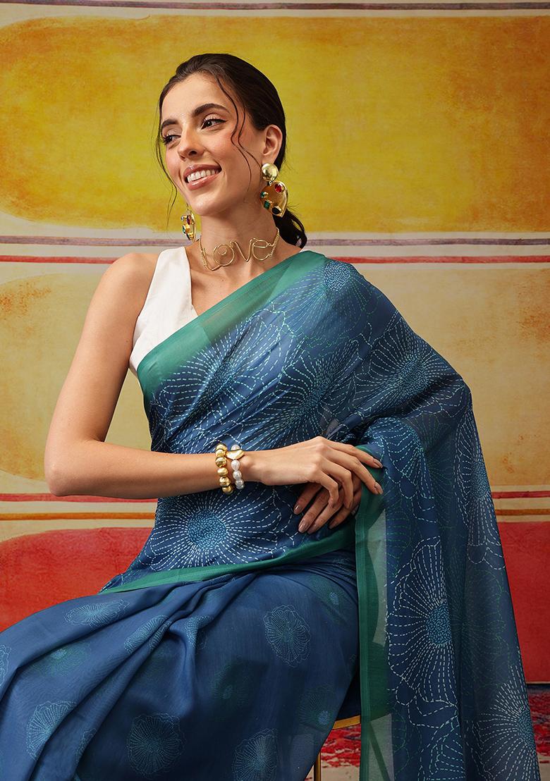 Teal Printed Cotton Saree