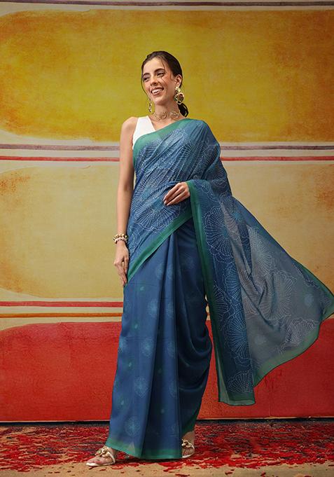 Teal Printed Cotton Saree