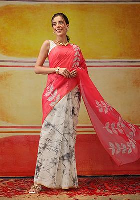 White And Pink Printed Cotton Saree