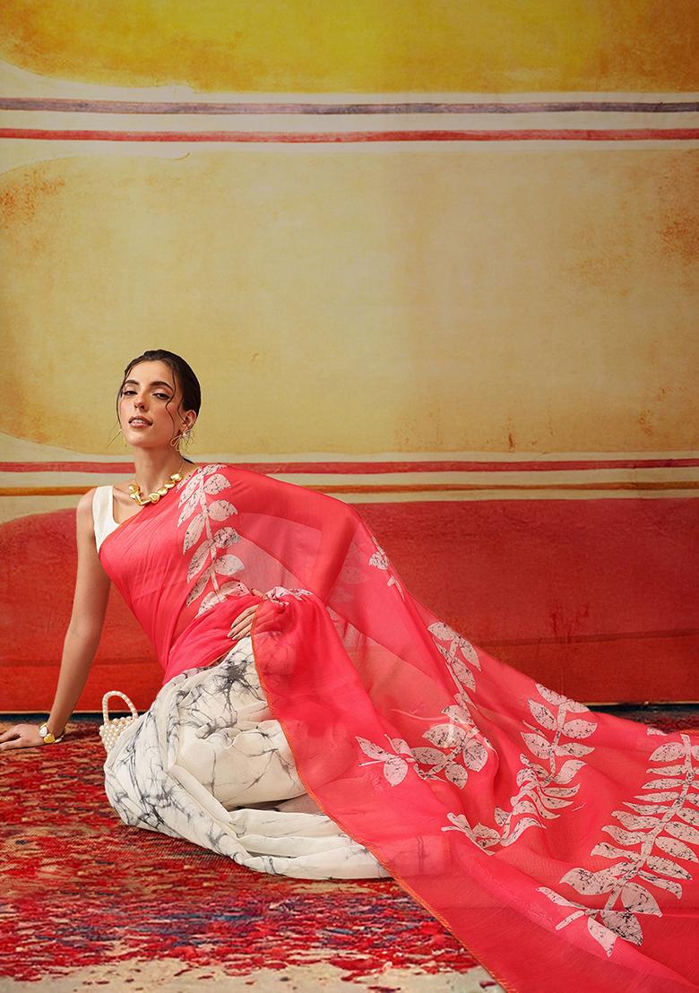 White And Pink Printed Cotton Saree