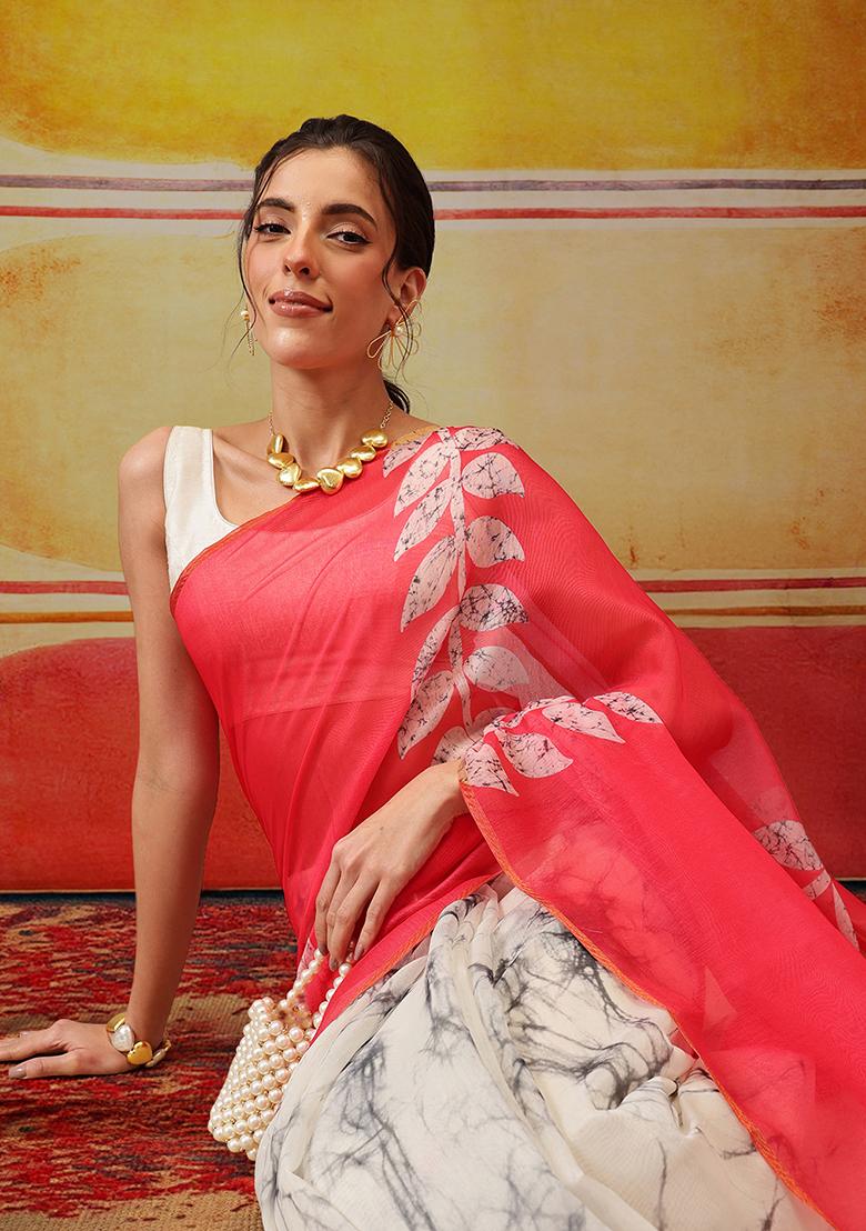 White And Pink Printed Cotton Saree