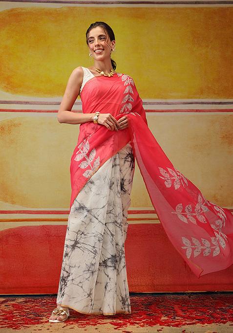 White And Pink Printed Cotton Saree