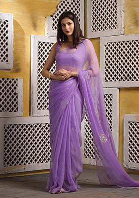 Lavender Floral Print Chiffon Saree Set