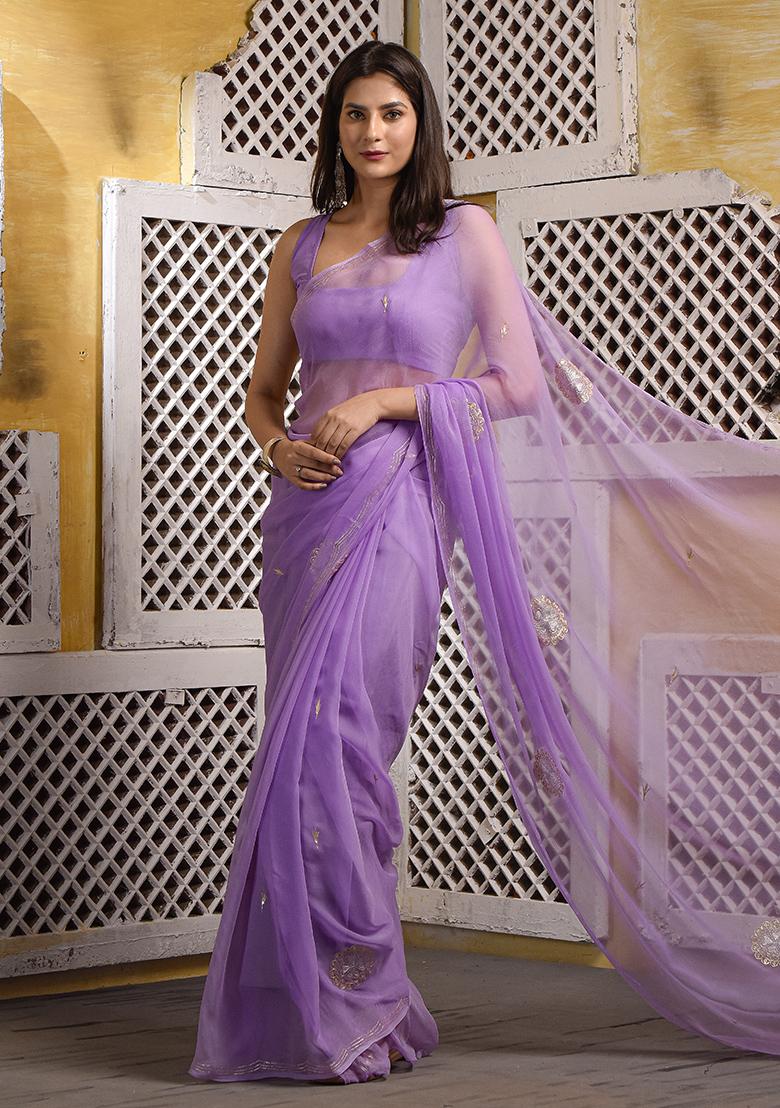 Lavender Floral Print Chiffon Saree Set