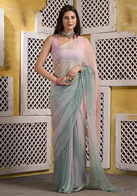 Peach Floral Print Chiffon Saree Set