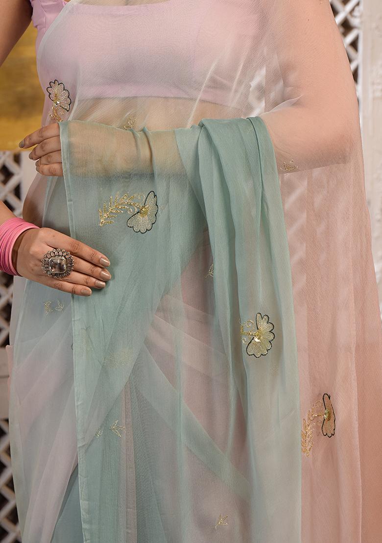 Peach Floral Print Chiffon Saree Set