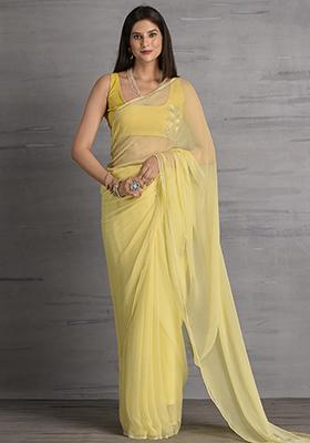 Pastel Yellow Embellished Chiffon Saree Set