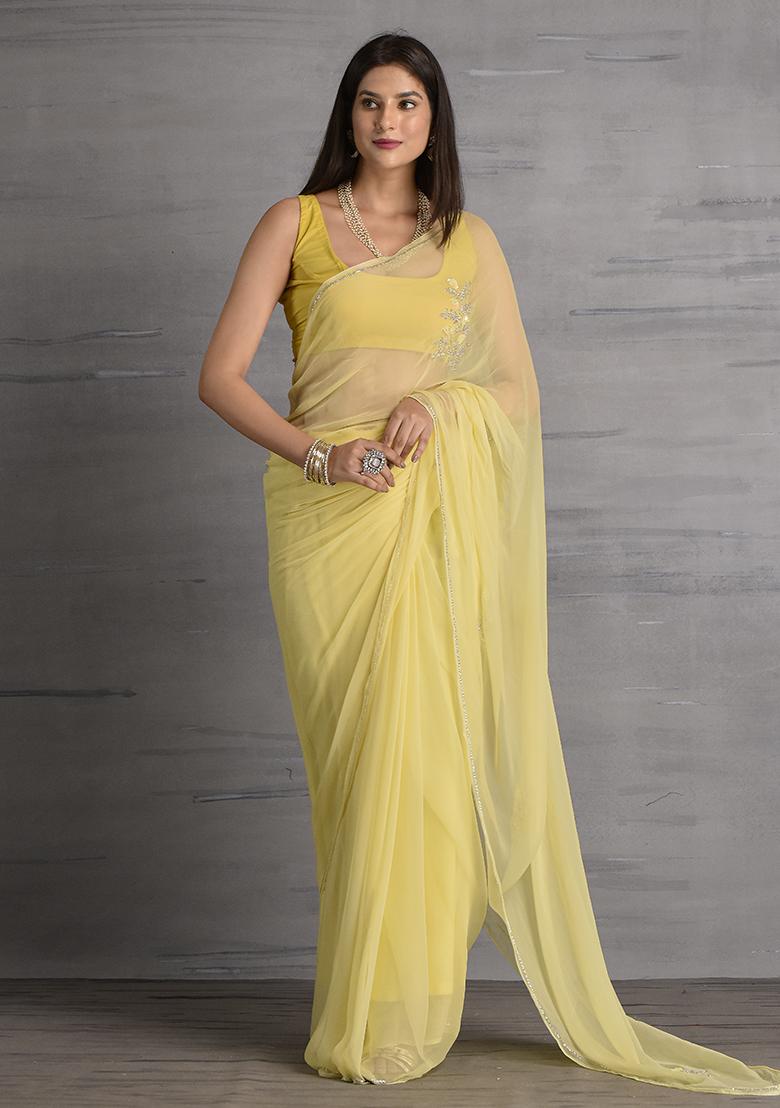 Pastel Yellow Embellished Chiffon Saree Set