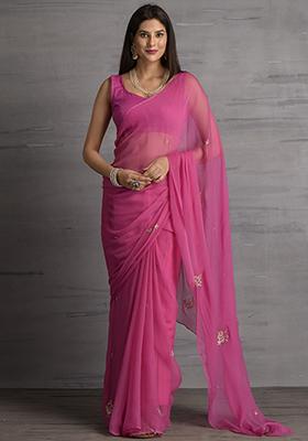 Fuchsia Pink Floral Print Chiffon Saree Set