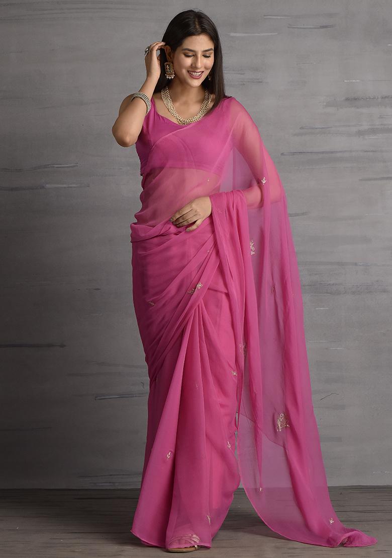 Fuchsia Pink Floral Print Chiffon Saree Set