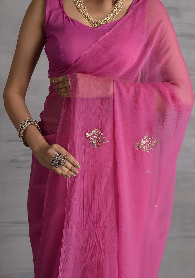 Fuchsia Pink Floral Print Chiffon Saree Set