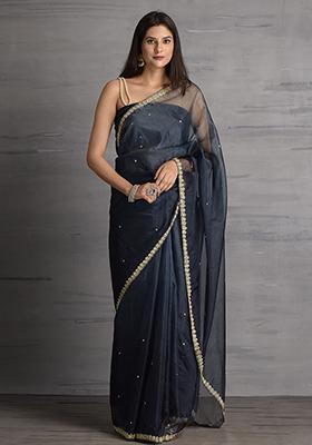 Blue Pearl Embroidered Organza Saree Set