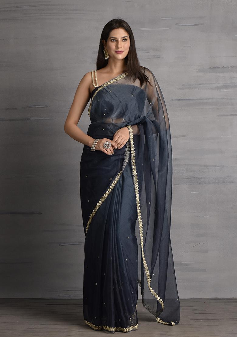 Blue Pearl Embroidered Organza Saree Set