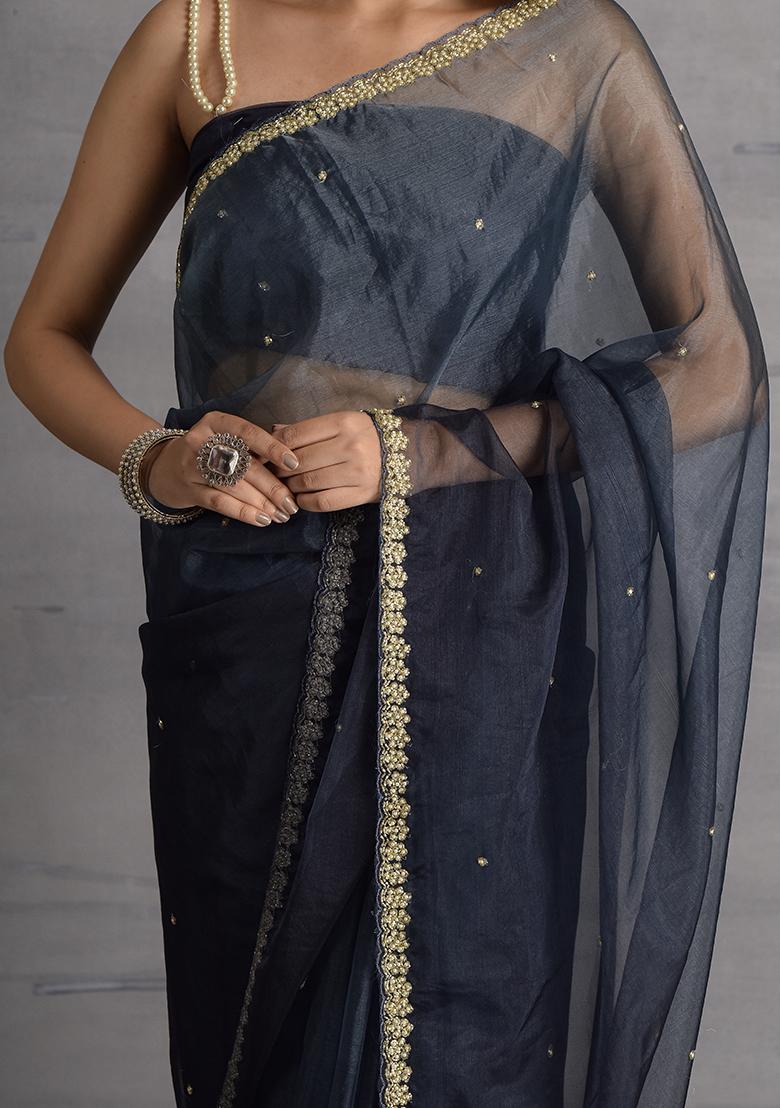 Blue Pearl Embroidered Organza Saree Set