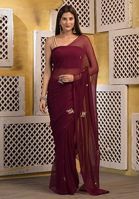 Maroon Floral Print Chiffon Saree Set