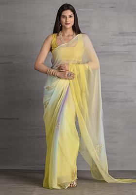Yellow Floral Print Chiffon Saree Set