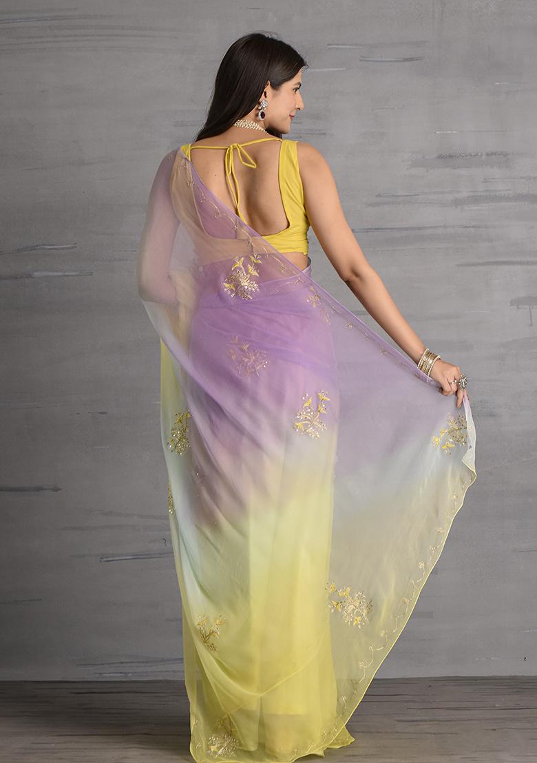 Yellow Floral Print Chiffon Saree Set