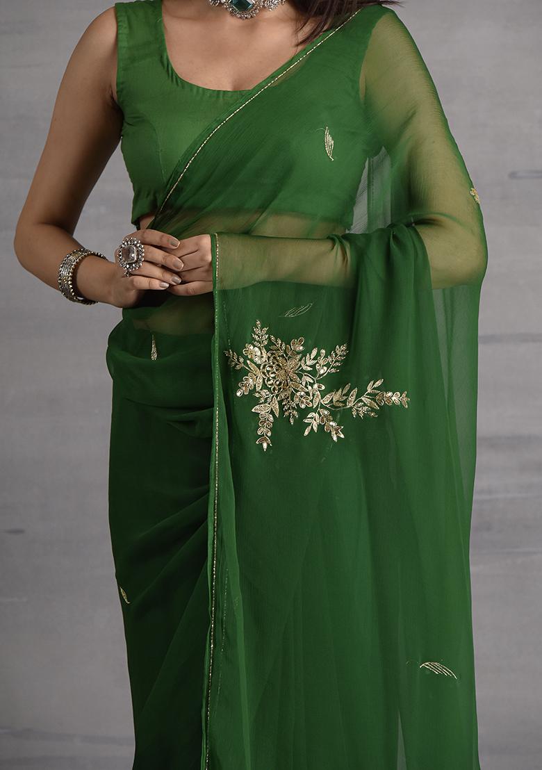 Green Sequin Embroidered Chiffon Saree Set