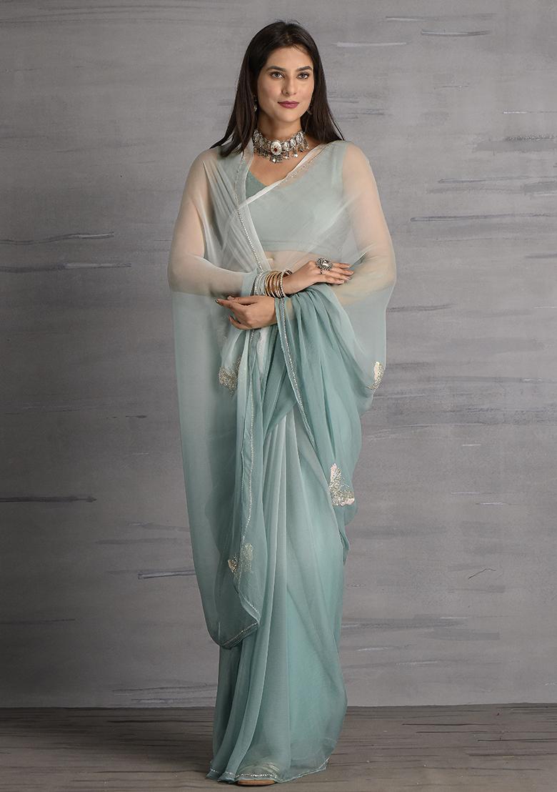 Grey Sequin Embroidered Chiffon Saree Set