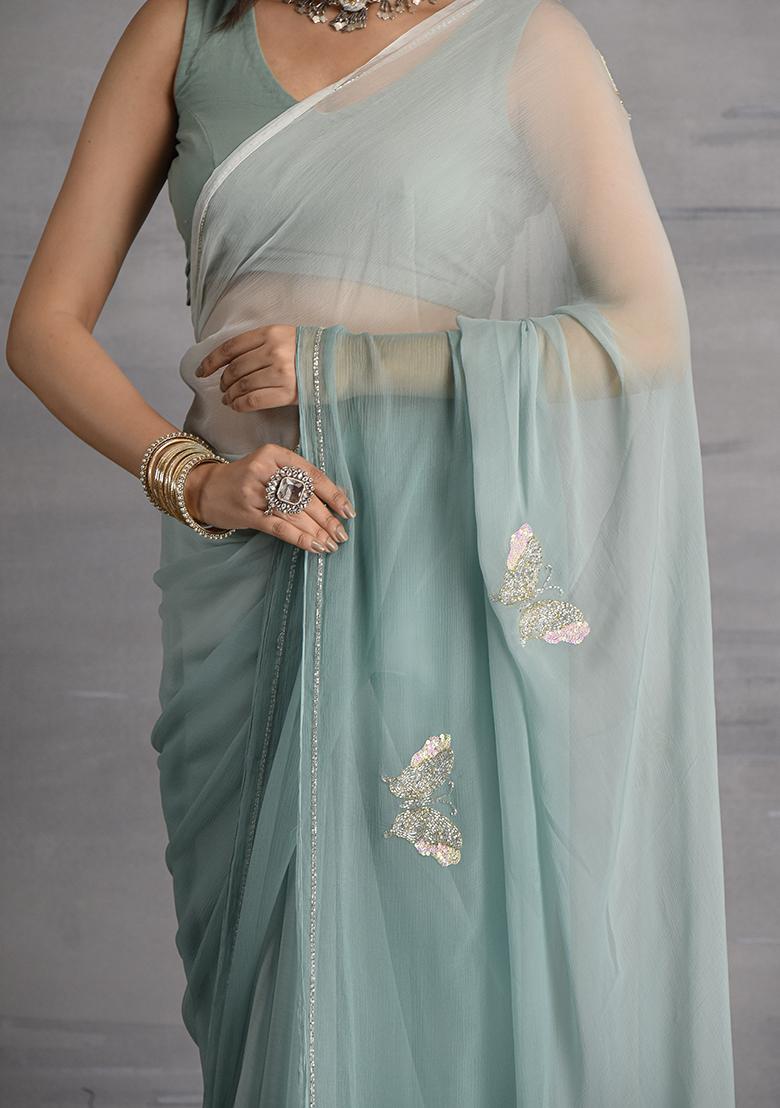 Grey Sequin Embroidered Chiffon Saree Set