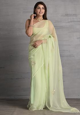 Lime Green Embellished Chiffon Saree Set