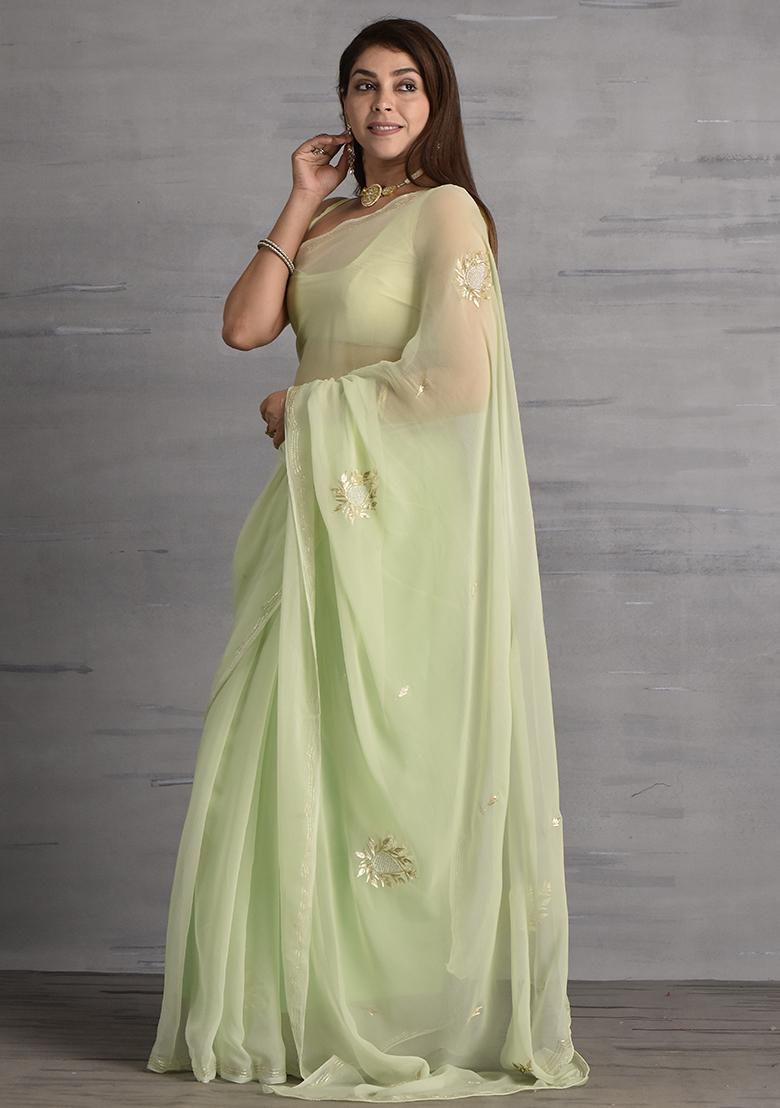 Lime Green Embellished Chiffon Saree Set