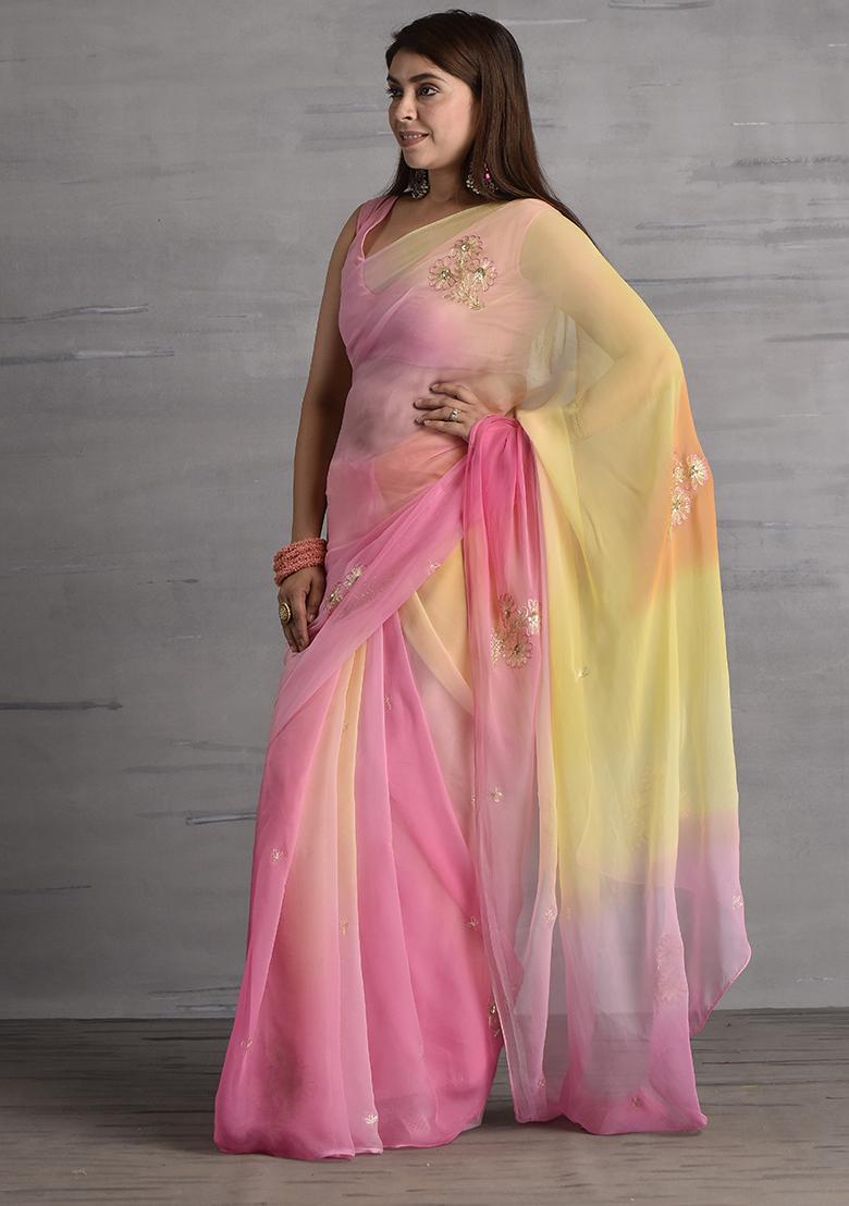 Pink Embellished Chiffon Saree Set