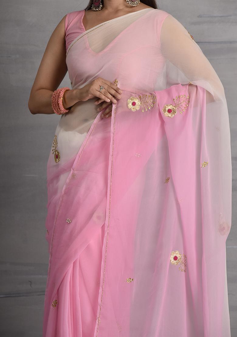 Pink Embellished Chiffon Saree Set