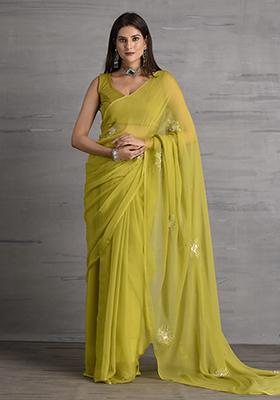 Green Embellished Chiffon Saree Set