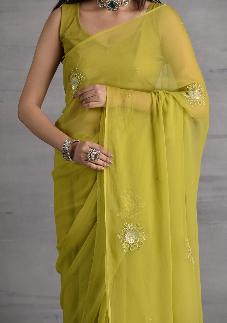 Green Embellished Chiffon Saree Set