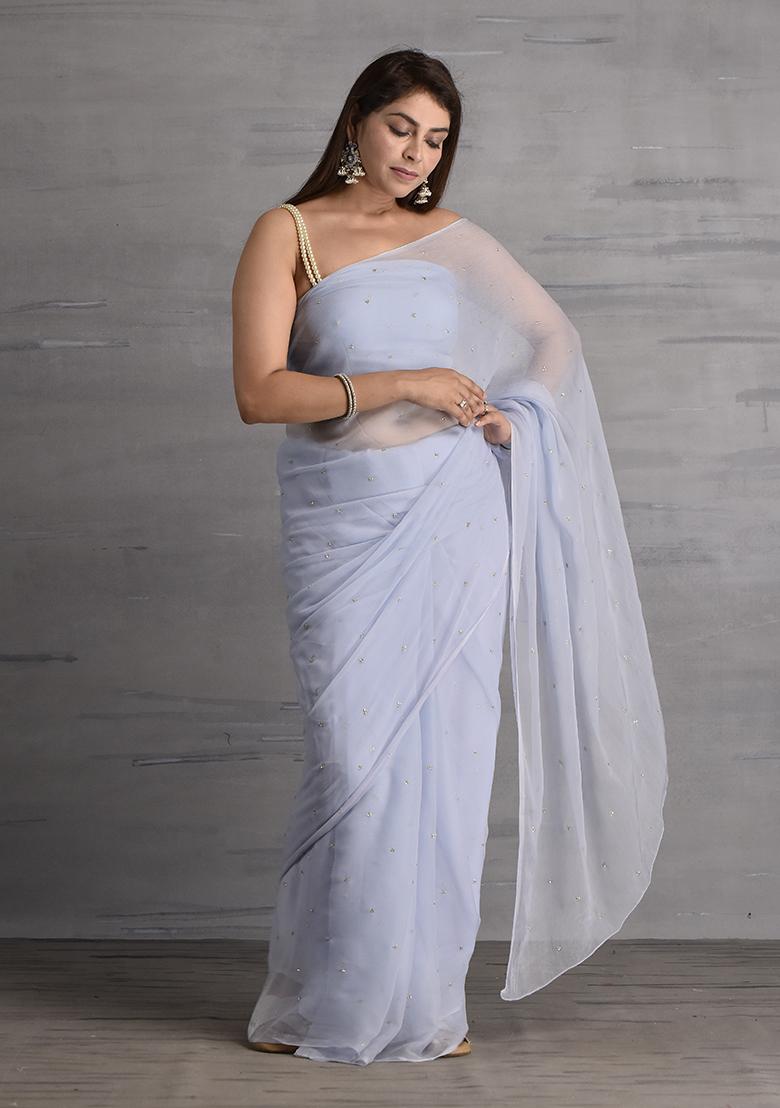 Grey Embellished Chiffon Saree Set