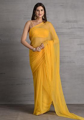 Mustard Yellow Embellished Chiffon Saree Set
