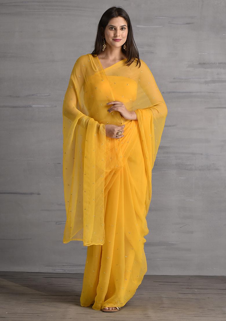 Mustard Yellow Embellished Chiffon Saree Set