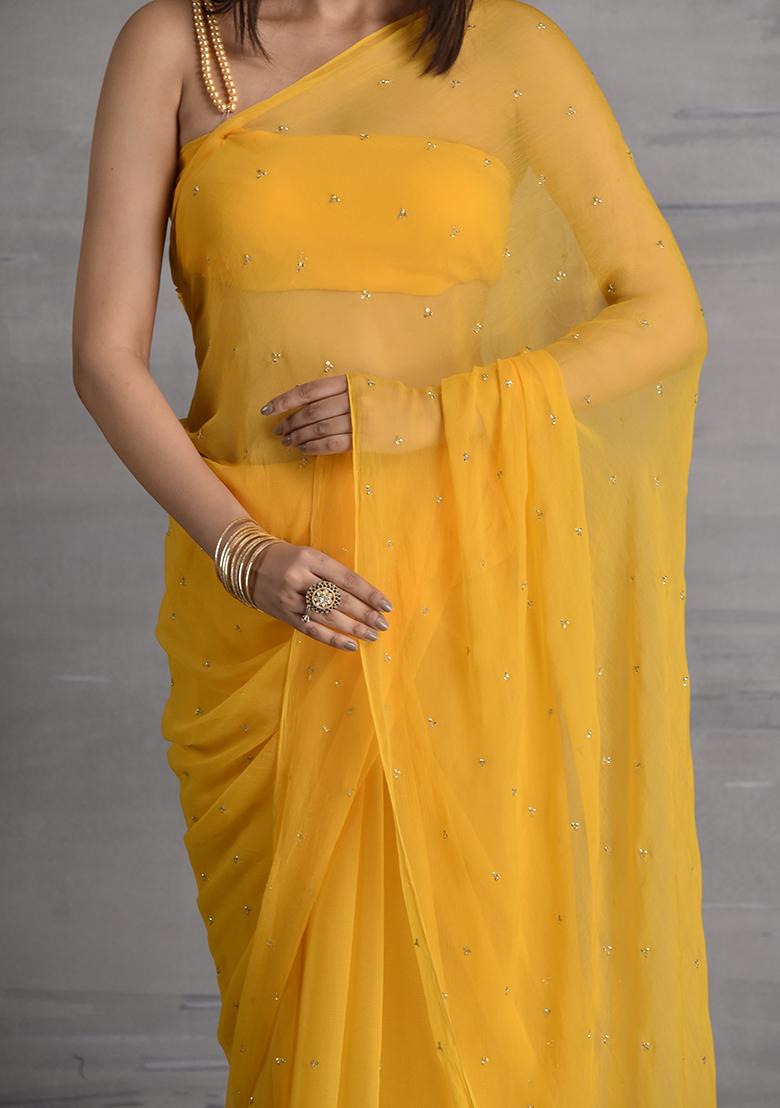 Mustard Yellow Embellished Chiffon Saree Set