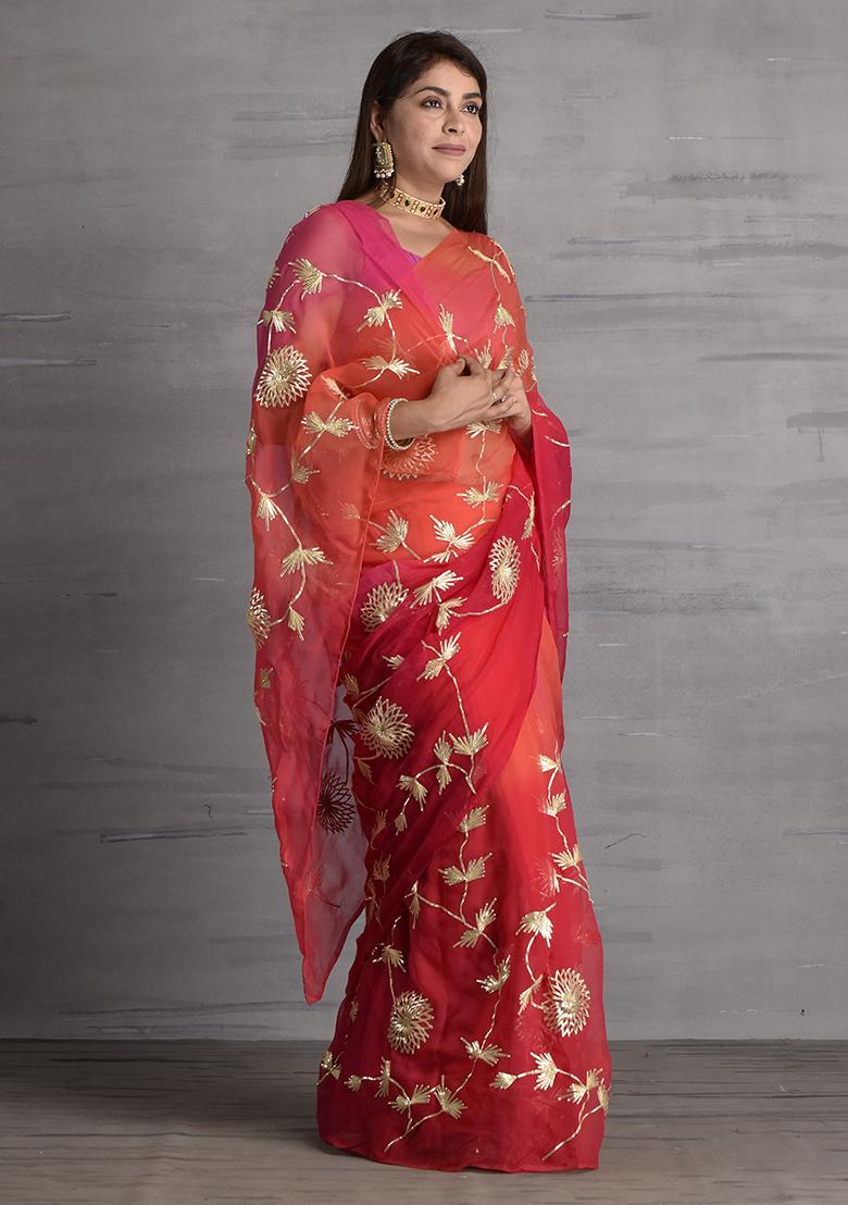 Pink Embellished Chiffon Saree Set